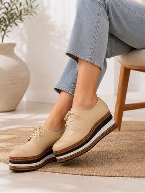 Bibi Lou Platform Oxford Wedge Shoes Size 41 Beige Neutral Designer Style
